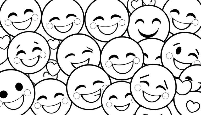Placa de color de caras sonrientes, emojis y corazones en blanco y negro.