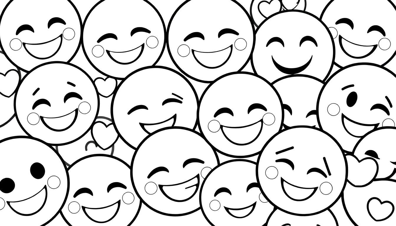 Placa de color de caras sonrientes, emojis y corazones en blanco y negro.