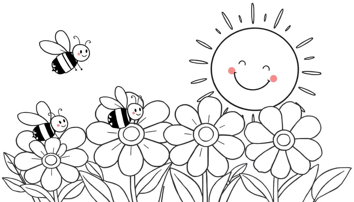 Ilustración lineal de margaritas, abejas y un sol sonriente, lista para colorear.