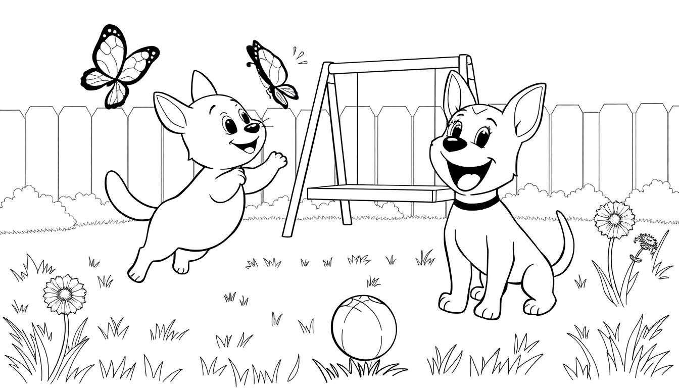 Placa de color con Bluey y Bingo jugando en el jardín.