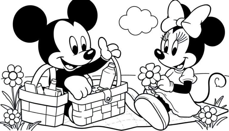 Placa de color en blanco y negro de Mickey y Minnie en un picnic.