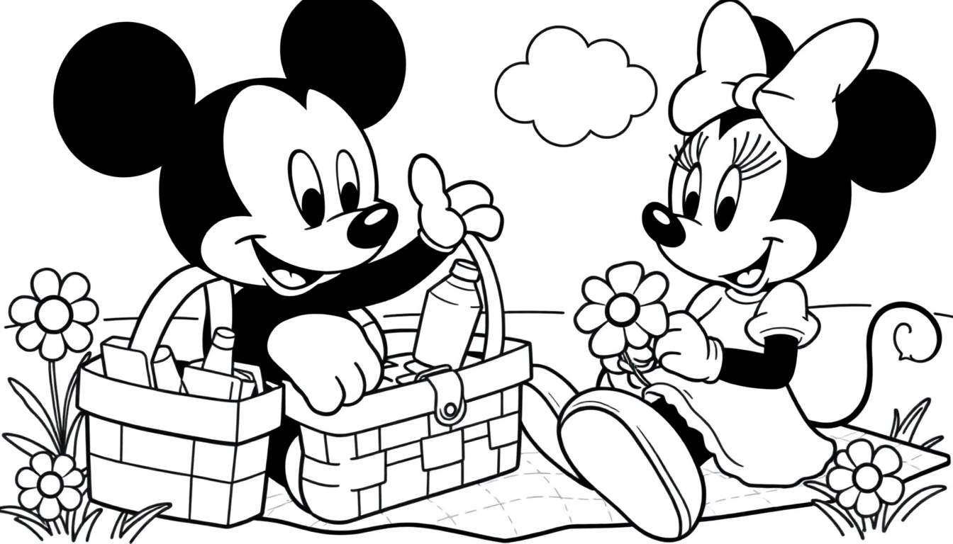 Placa de color en blanco y negro de Mickey y Minnie en un picnic.
