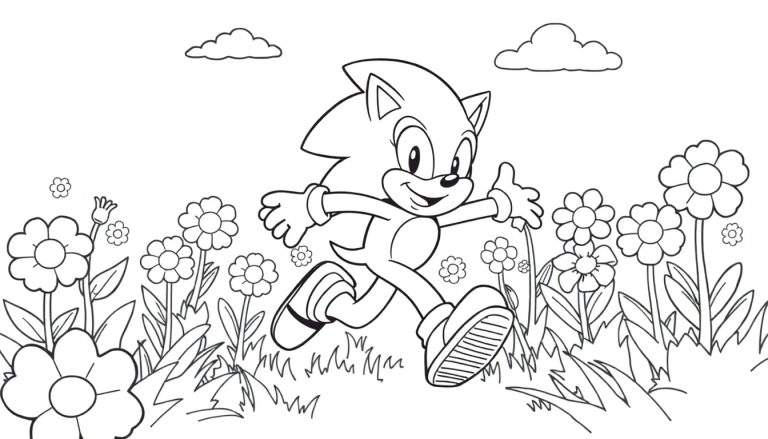 Placa de color de Sonic corriendo por flores.
