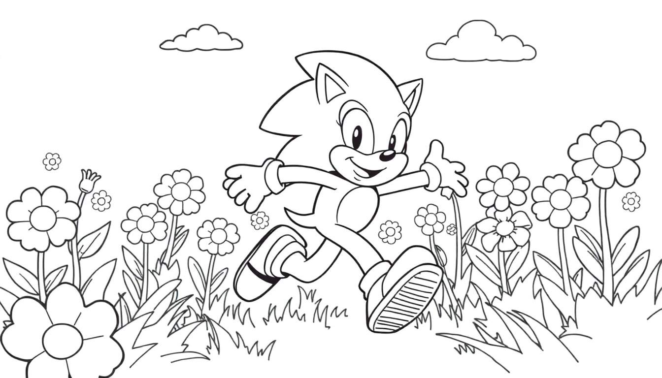 Placa de color de Sonic corriendo por flores.