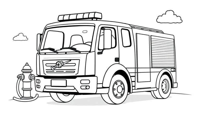 Camión de bomberos Volvo para colorear, con una boca de incendios y nubes, listo para añadir color en la placa de color.