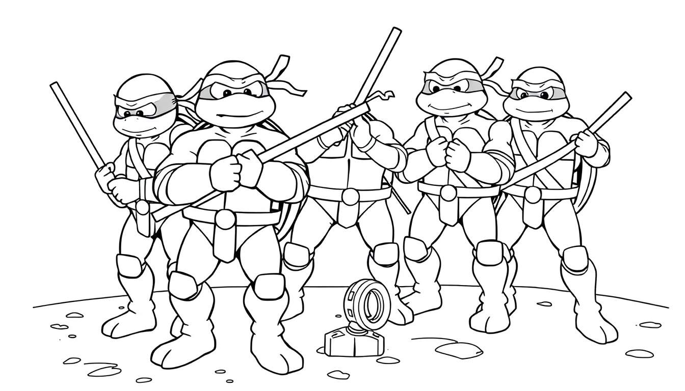 Placa de color de las Tortugas Ninja listas para la acción.