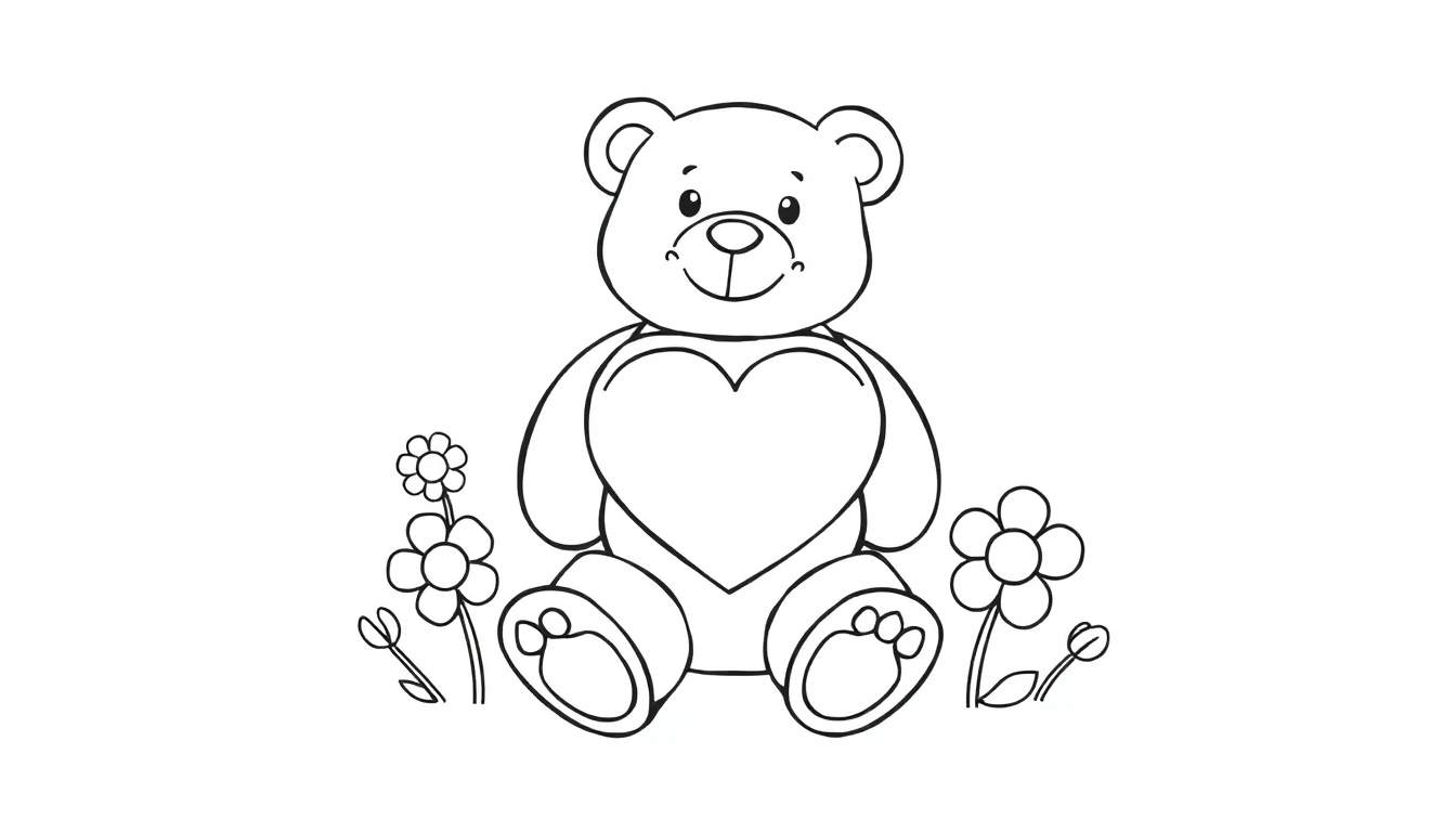 Placa de color de un oso de peluche con un corazón y flores.