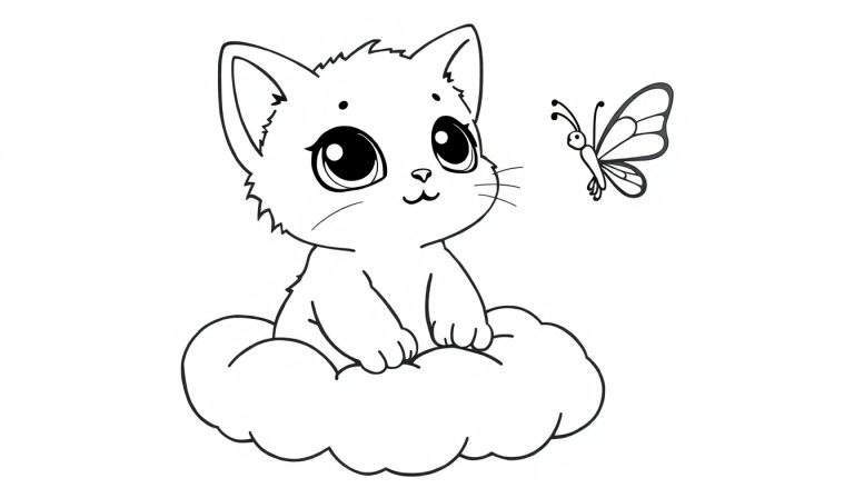 Placa de color de un gato de dibujos animados sentado en una nube con una mariposa.