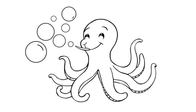 Placa de color de un pulpo sonriente soplando burbujas