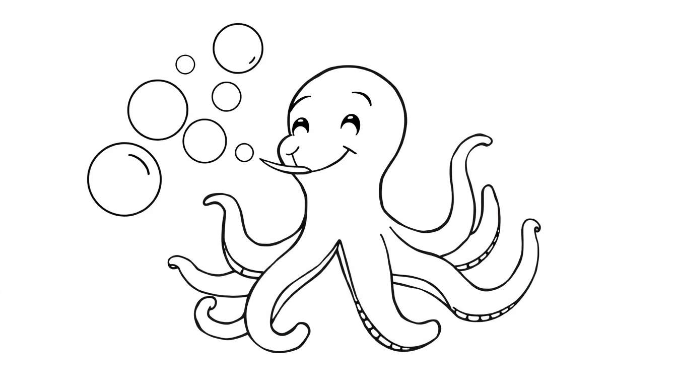 Placa de color de un pulpo sonriente soplando burbujas