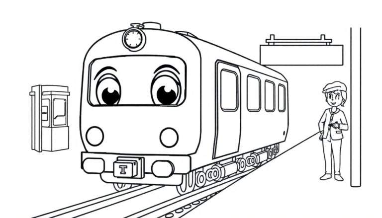 Dibujo lineal de un tren sonriente con ojos grandes y una placa de color en la parte delantera, esperando en la estación.