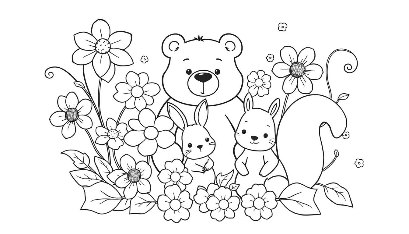 Dibujo para colorear de un oso de peluche, un conejo y una ardilla rodeados de flores.