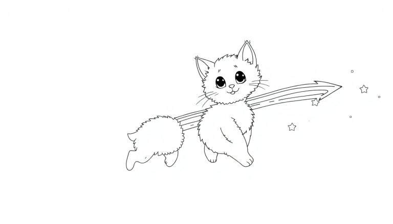 Gato corriendo tras un cometa arcoíris con estrellas y círculos, diseño de línea simple para colorear.