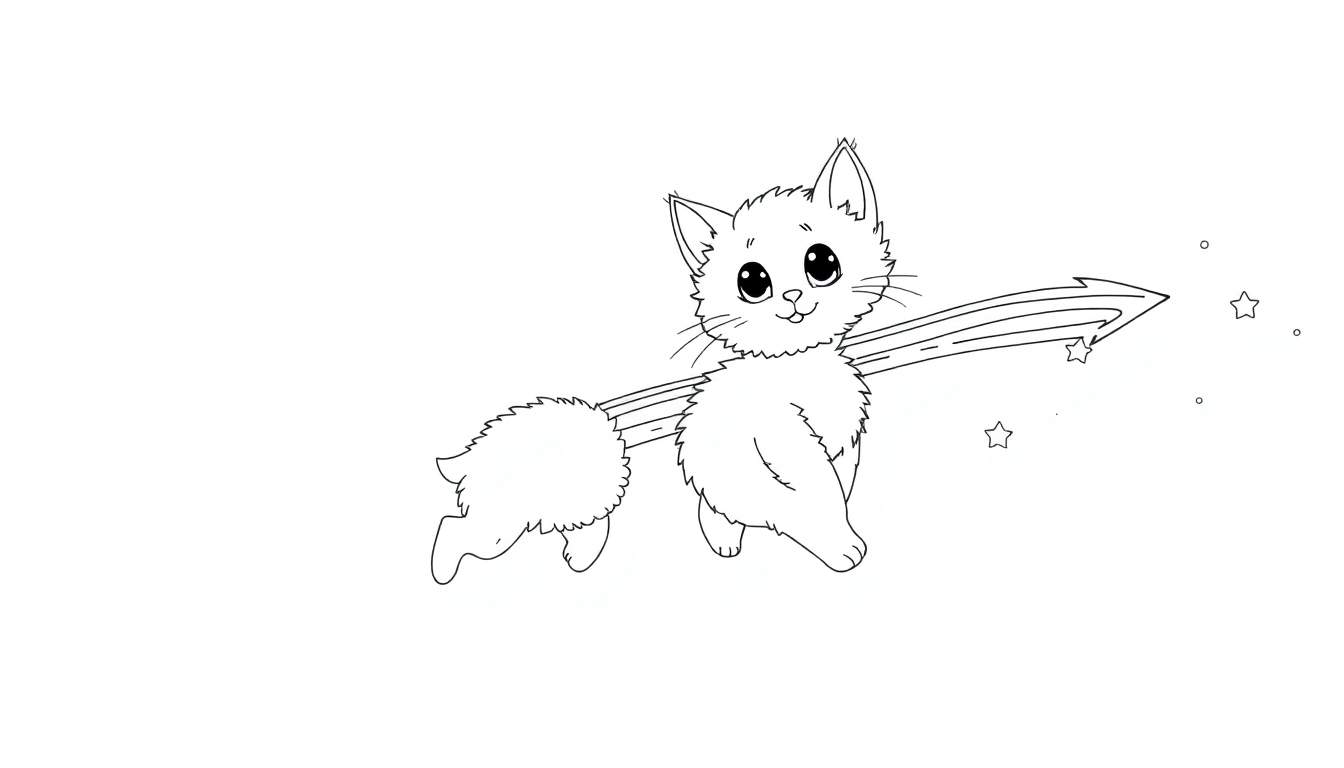 Gato corriendo tras un cometa arcoíris con estrellas y círculos, diseño de línea simple para colorear.
