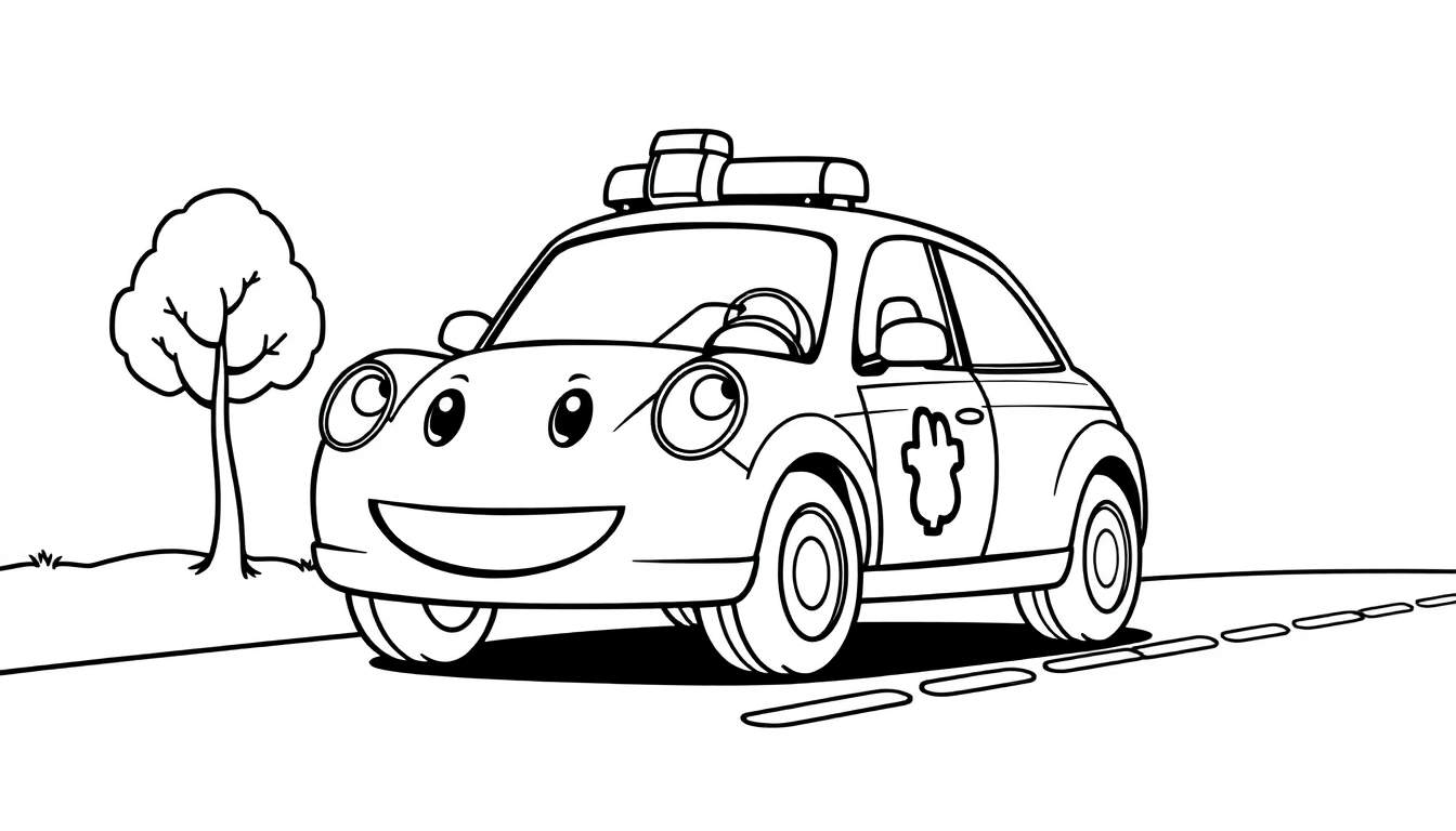 Un coche de policía de dibujos animados sonriente, listo para colorear, con una baliza y una placa de color en la puerta, en blanco y negro.