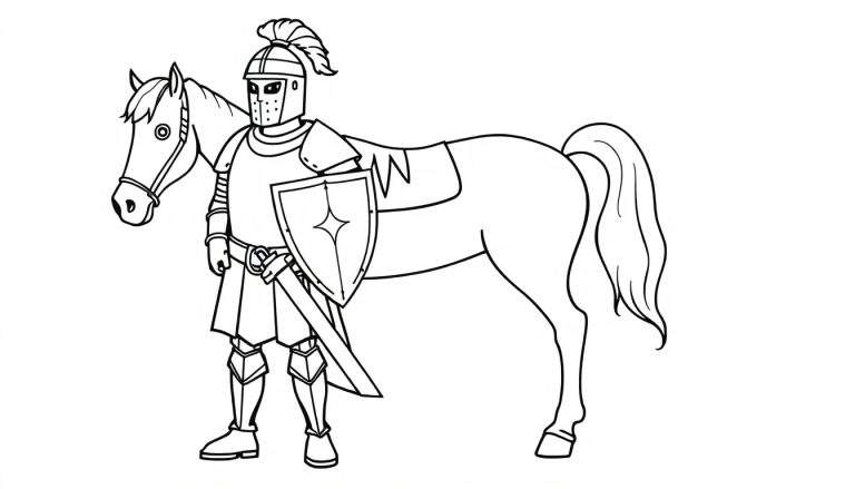 Caballero valiente con su caballo, listo para la aventura, esperando ser coloreado con la placa de color.
