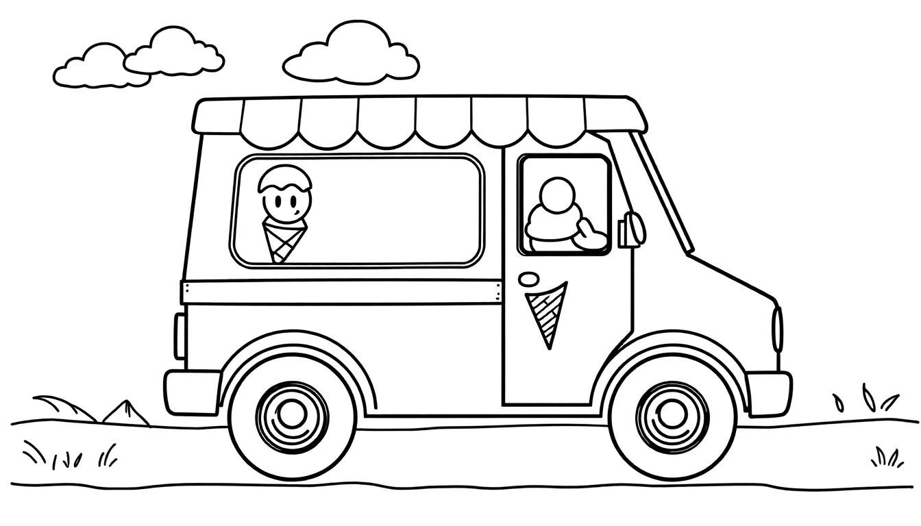 Placa de color de un camión de helados con un toldo a rayas, una ventana delantera con un niño sentado en un cono de helado y una ventana lateral con una persona entregando un helado.