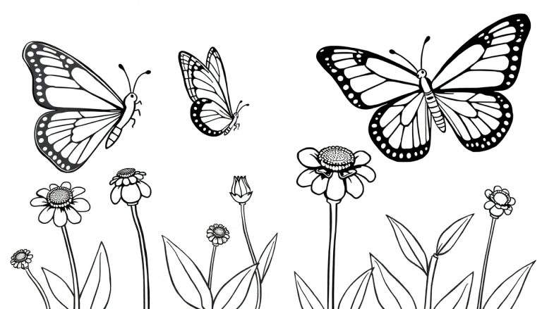 Placa de color de mariposas y flores para colorear.