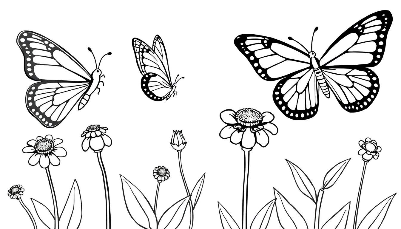 Placa de color de mariposas y flores para colorear.
