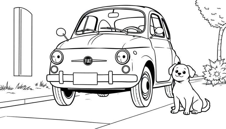 Un adorable Fiat 500 clásico listo para colorear con un perrito y una placa de color.