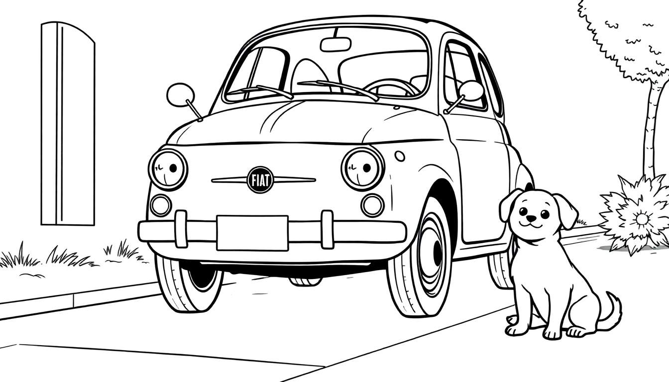 Un adorable Fiat 500 clásico listo para colorear con un perrito y una placa de color.
