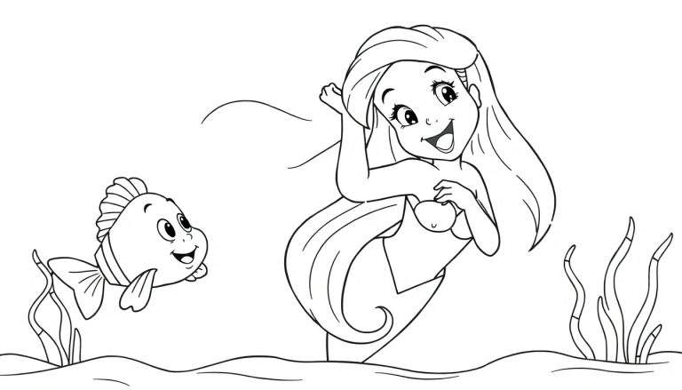Placa de color de Ariel jugando con Flounder en el océano.