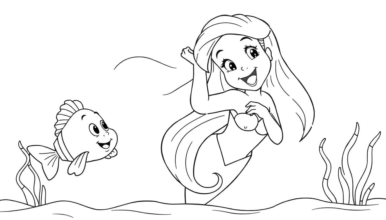 Placa de color de Ariel jugando con Flounder en el océano.