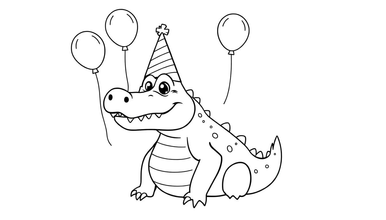 Un caimán sonriente con gorro de fiesta y globos.