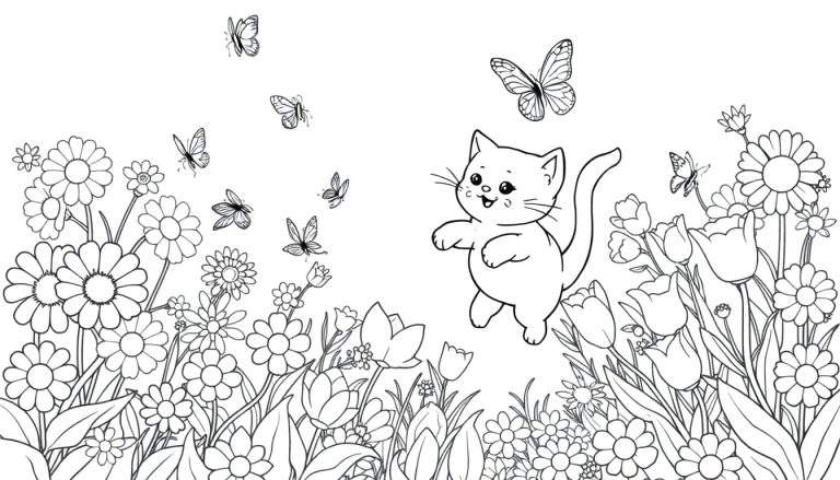 Una placa de color en blanco y negro de un gato de dibujos animados persiguiendo mariposas entre flores.