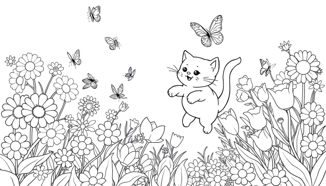 Una placa de color en blanco y negro de un gato de dibujos animados persiguiendo mariposas entre flores.