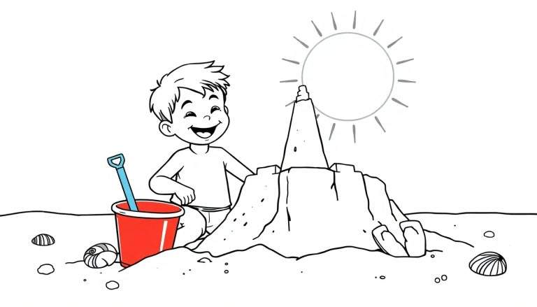 Placa de color de un niño construyendo un castillo de arena.