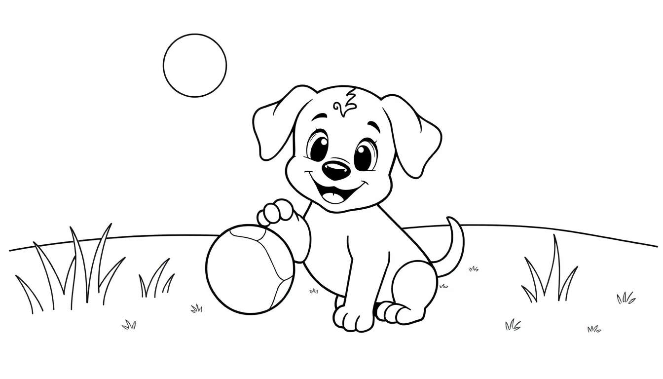 Placa de color para colorear de un cachorro jugando con una pelota.