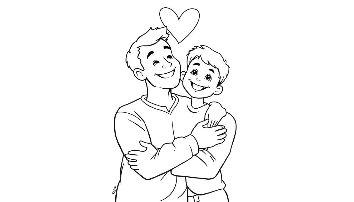 Placa de color de un padre y un hijo abrazándose con un corazón grande.