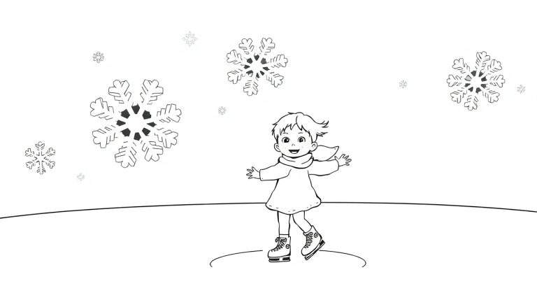 Placa de color de un niño o niña feliz patinando sobre hielo con estrellas y un copo de nieve gigante.