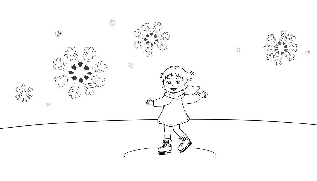 Placa de color de un niño o niña feliz patinando sobre hielo con estrellas y un copo de nieve gigante.