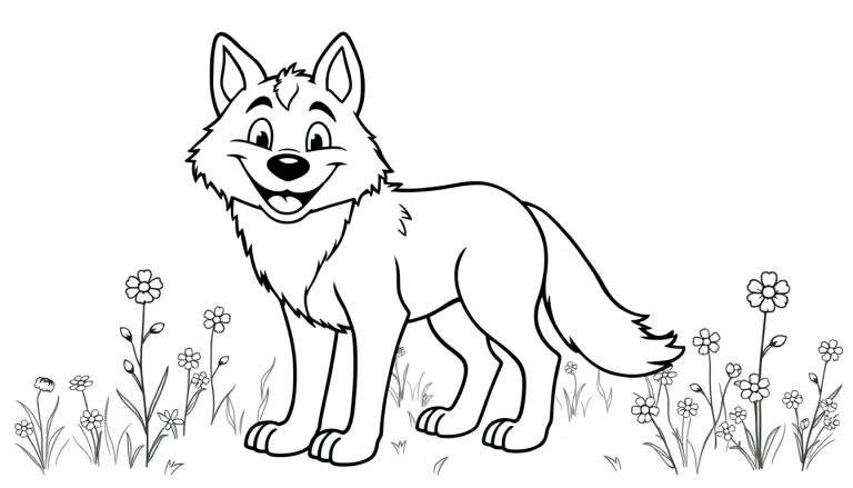 Placa de color de un lobo sonriente rodeado de flores.