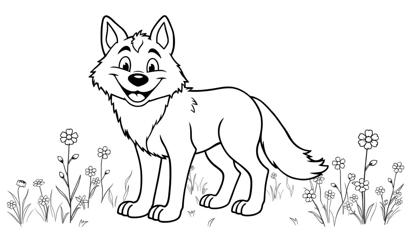 Placa de color de un lobo sonriente rodeado de flores.