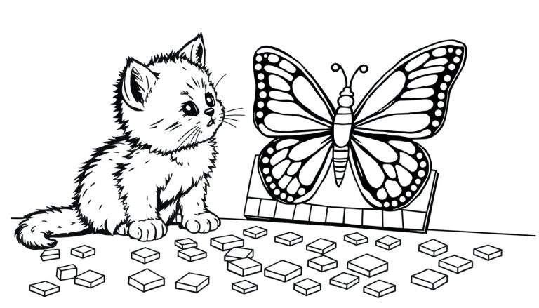 Placa de color de un gatito mirando una mariposa sobre bloques.
