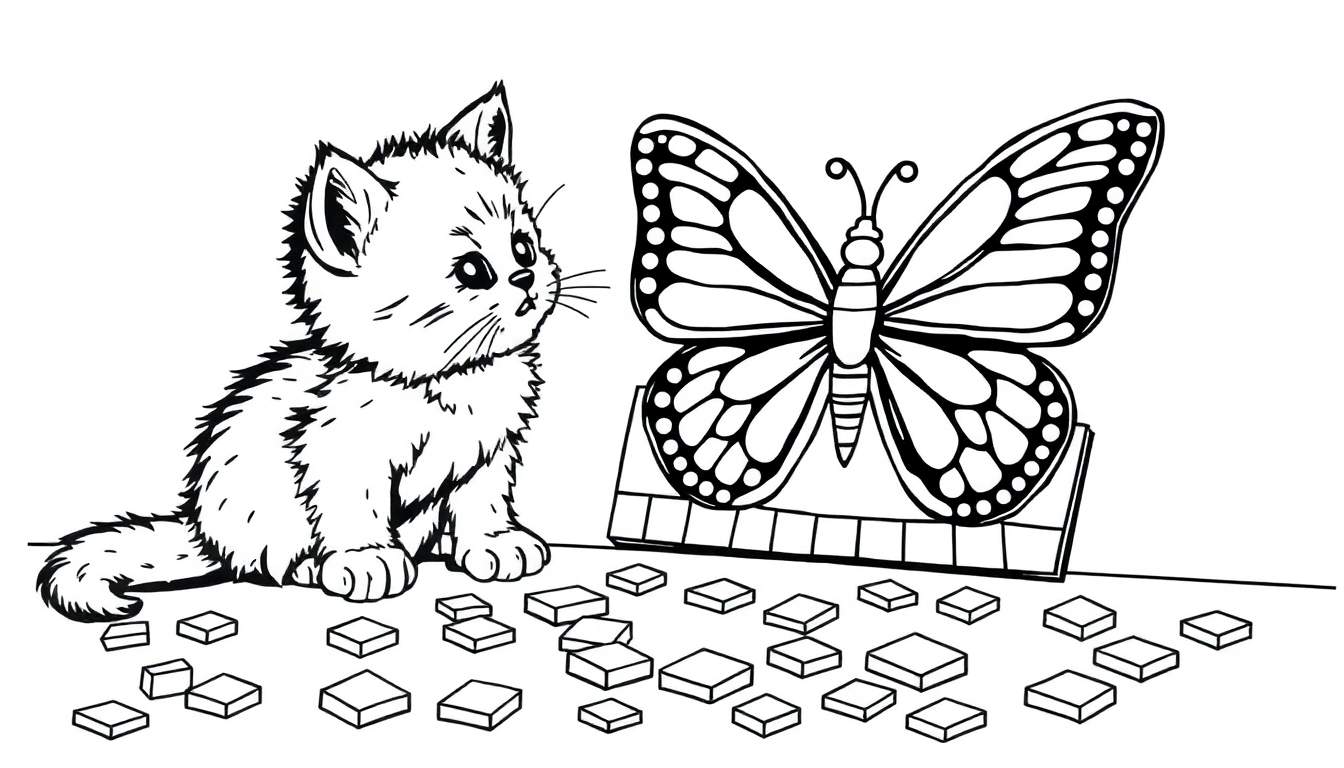 Placa de color de un gatito mirando una mariposa sobre bloques.