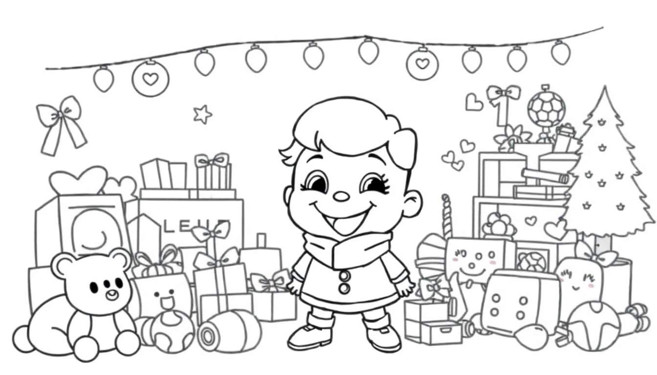 Niño sonriente con ropa colorida rodeado de juguetes y decoraciones festivas.