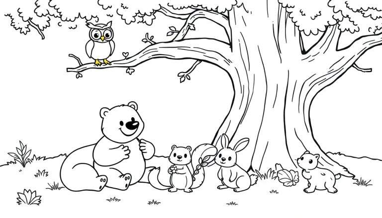 Placa de color con un oso, una ardilla, un conejo, un castor y un búho en un bosque.
