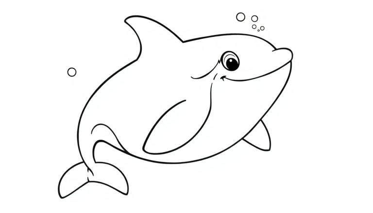 Una orca amigable con contornos para colorear, lista para ser pintada en una placa de color.