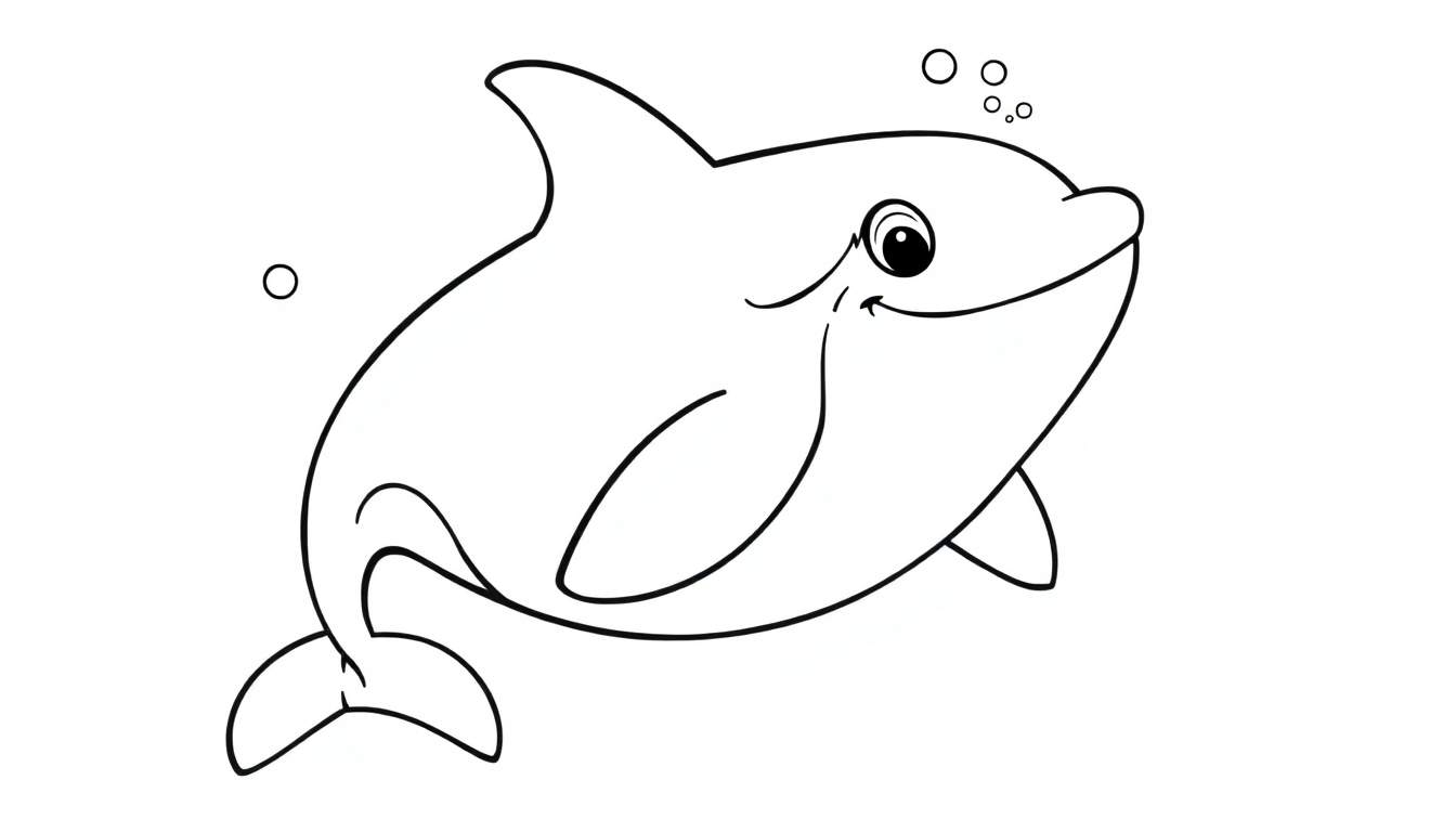 Una orca amigable con contornos para colorear, lista para ser pintada en una placa de color.
