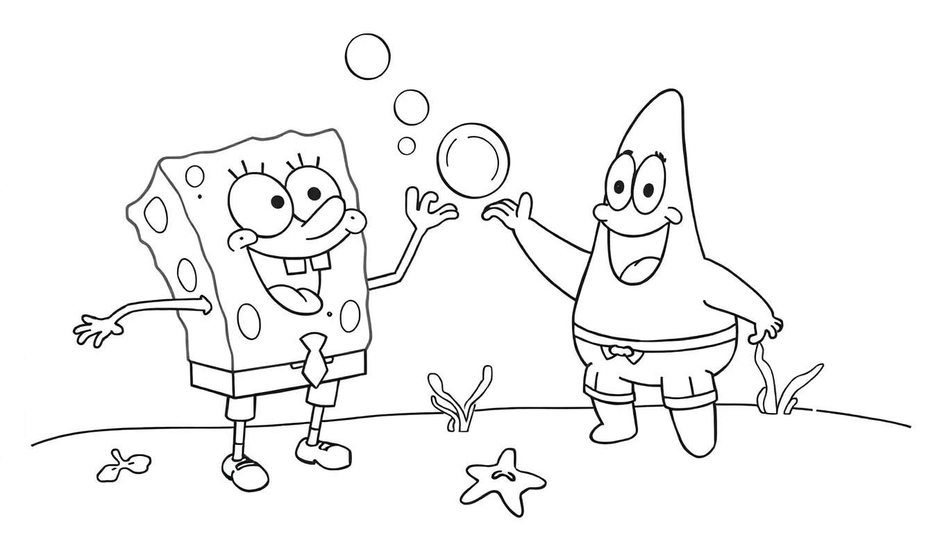 Placa de color de Bob Esponja y Patricio jugando en Fondo de Bikini.