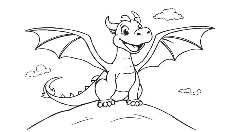 Placa de color de un dragón amigable sonriendo con alas abiertas.