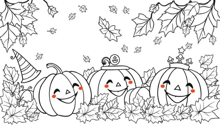 Placa de color de calabazas sonrientes con un sombrero de bruja y hojas de otoño.