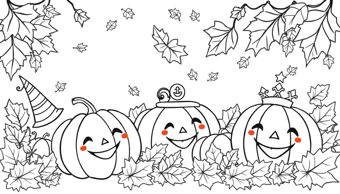 Placa de color de calabazas sonrientes con un sombrero de bruja y hojas de otoño.
