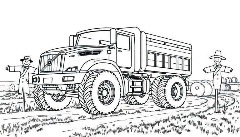 Un gran camión volquete blanco y negro, listo para ser coloreado, con dos espantapájaros a su lado en un campo.
