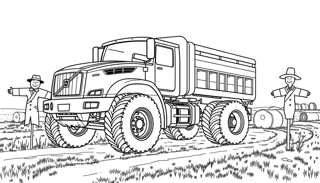 Un gran camión volquete blanco y negro, listo para ser coloreado, con dos espantapájaros a su lado en un campo.