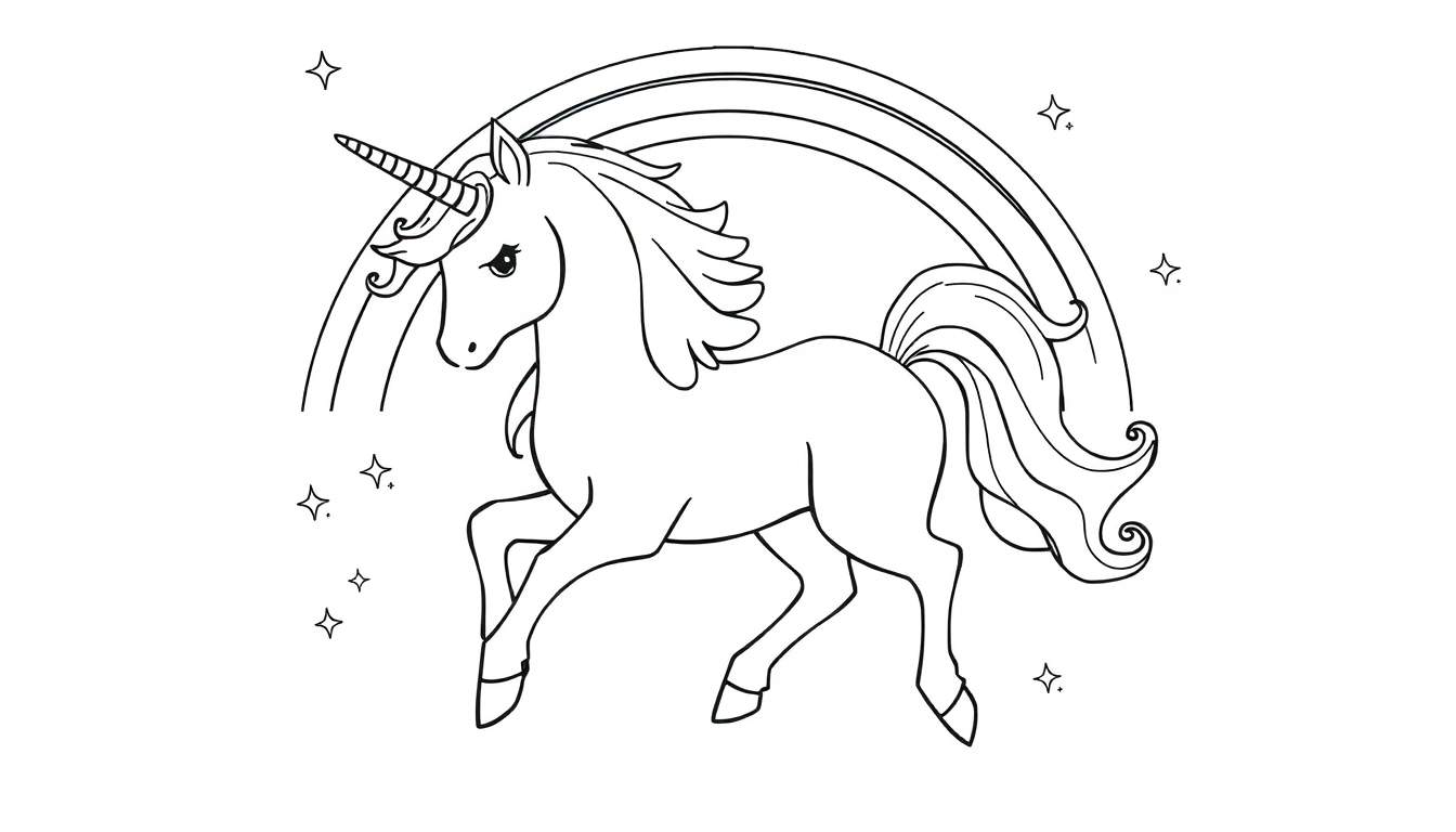 Unicornio mágico corriendo bajo un arcoíris con estrellas.